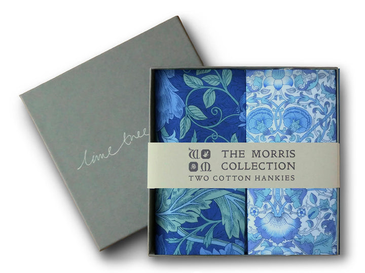Box of two blue cotton hankies from The Morris Collection with a grey box.