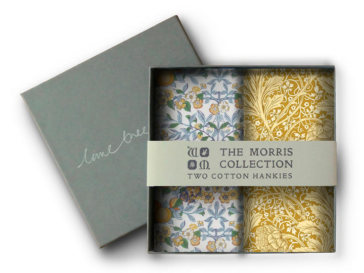 Box of The Morris Collection cotton hankies with floral patterns