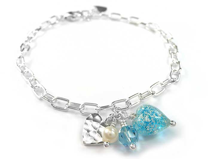 Murano Glass Amore Bracelet - Aqua and White Gold