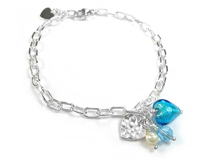 Murano Glass Amore Bracelet - Aqua and White Gold