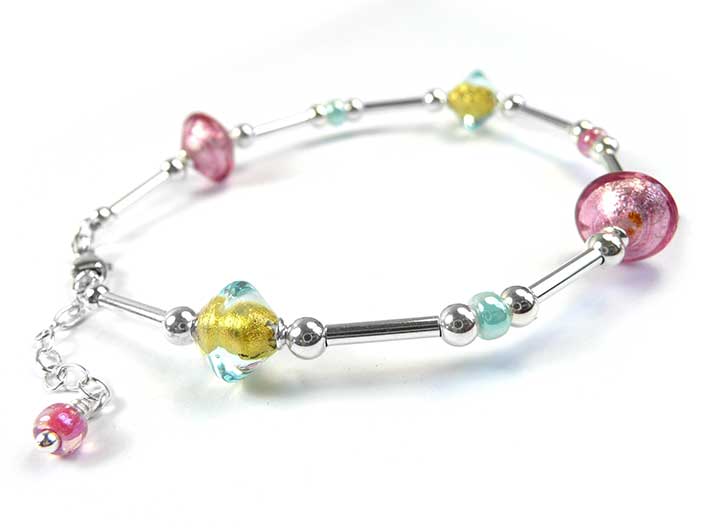 Murano Glass Bicone Bracelet - Aquamarine and Rose