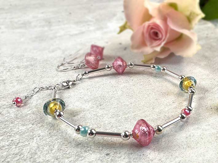 Murano Glass Bicone Bracelet - Aquamarine and Rose