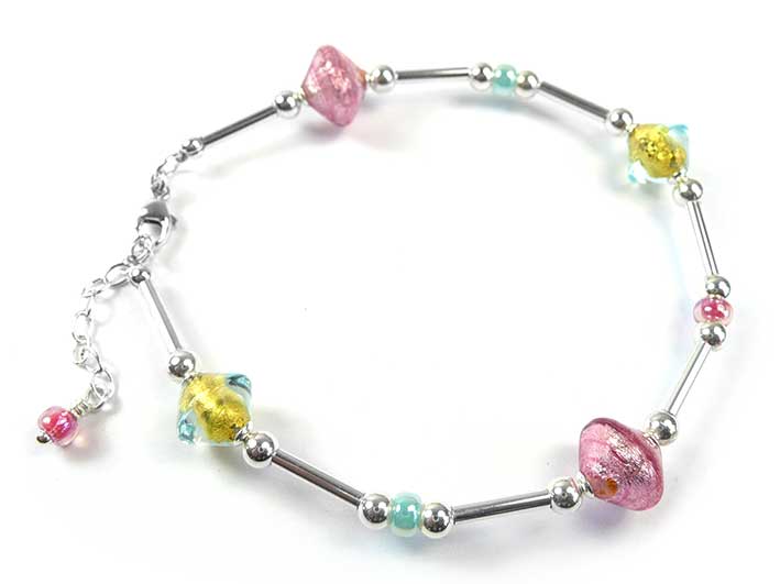 Murano Glass Bicone Bracelet - Aquamarine and Rose