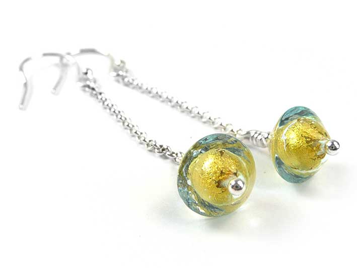 Murano Glass Bicone Earrings - Aquamarine Gold
