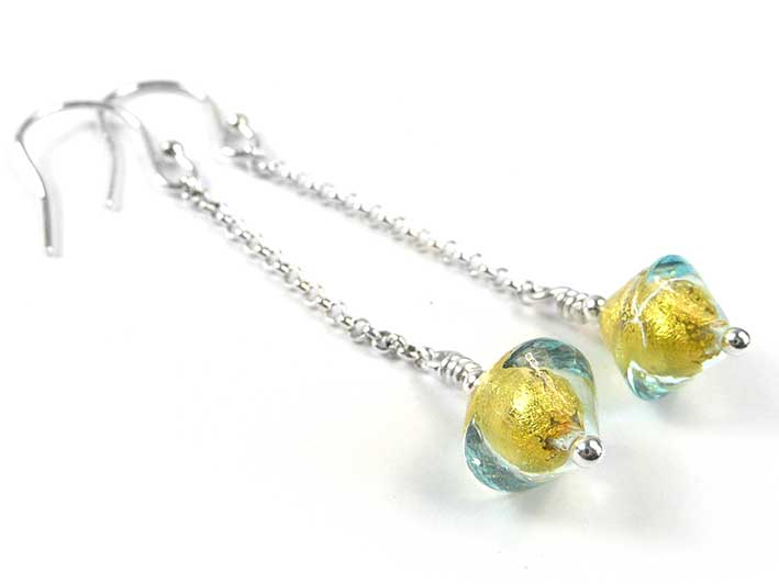 Murano Glass Bicone Earrings - Aquamarine Gold