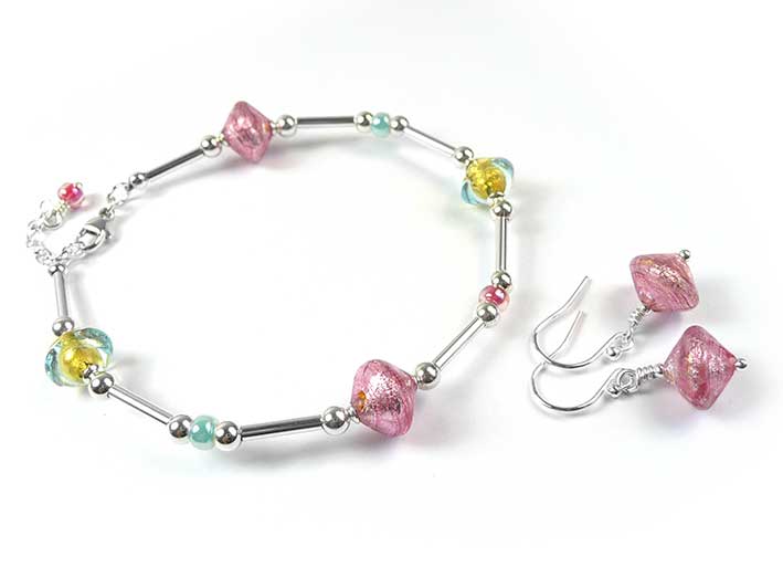 Murano Glass Bicone Bracelet - Aquamarine and Rose