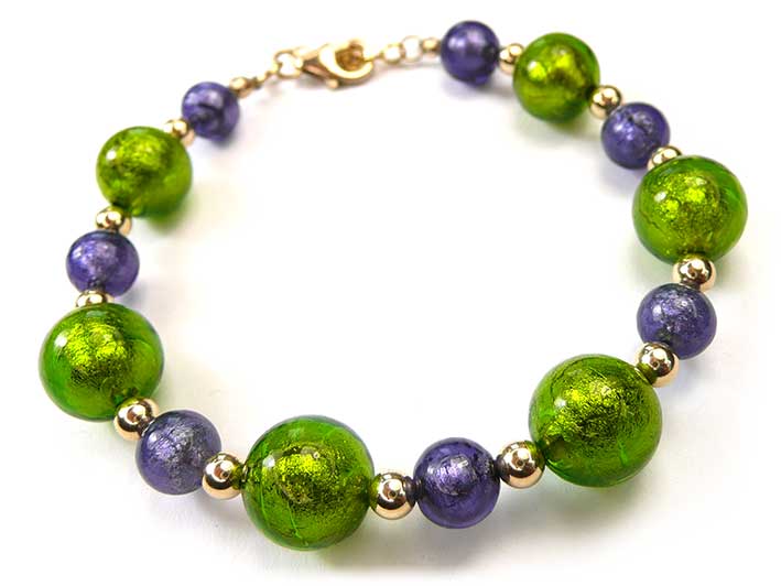 Murano Glass Bracelet - Chartreuse and Purple Velvet Gold
