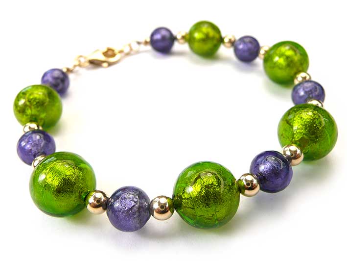 Murano Glass Bracelet - Chartreuse and Purple Velvet Gold