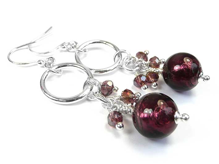 Murano Glass Cluster Ring Earrings - Amethyst