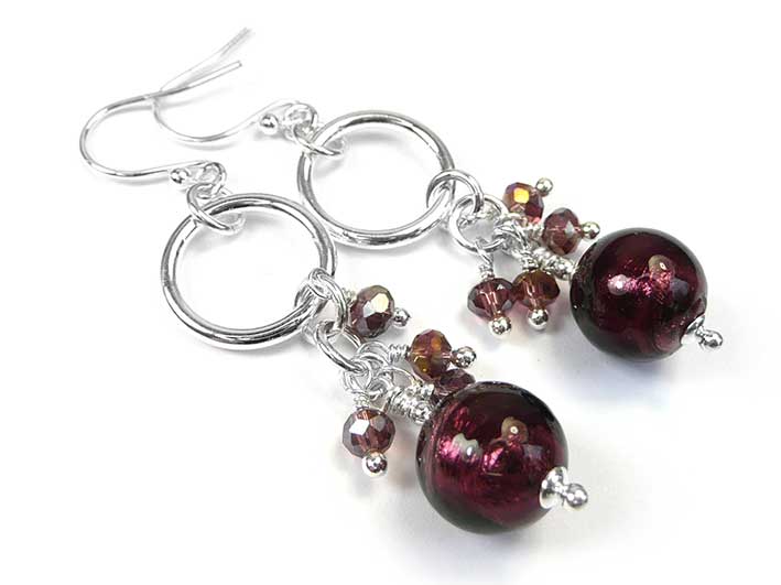 Murano Glass Cluster Ring Earrings - Amethyst