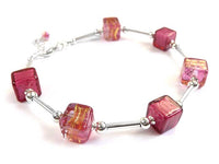 Murano Glass Cube Bracelet - Pink Ruby Gold