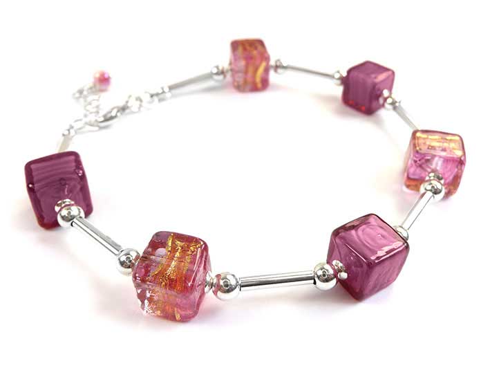 Murano Glass Cube Bracelet - Pink Ruby Gold