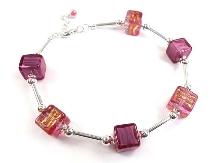Murano Glass Cube Bracelet - Pink Ruby Gold