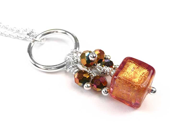 Murano Glass Cube Pendant - Copper