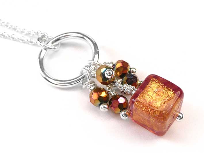 Murano Glass Cube Pendant - Copper