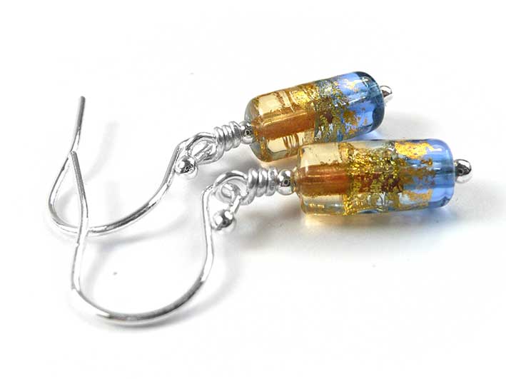 Murano Glass Cylinder Earrings - Sapphire and Amber