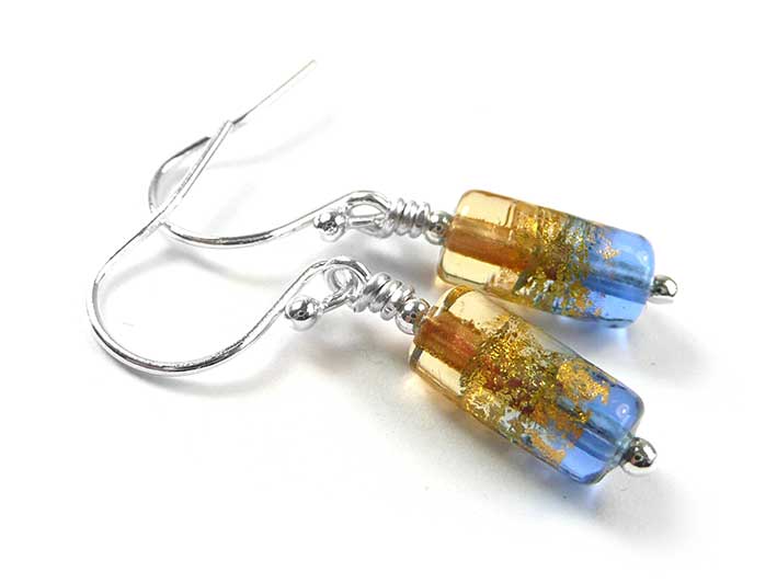 Murano Glass Cylinder Earrings - Sapphire and Amber