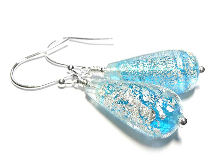 Murano Glass Drop Earrings - Aqua and White Gold