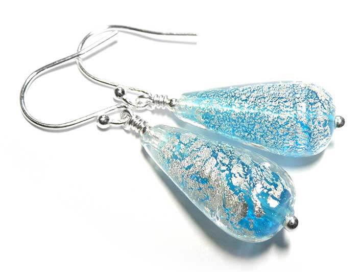 Murano Glass Drop Earrings - Aqua and White Gold