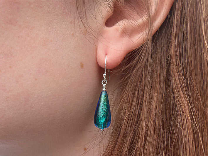 Murano Glass Drop Earrings - Aqua and White Gold