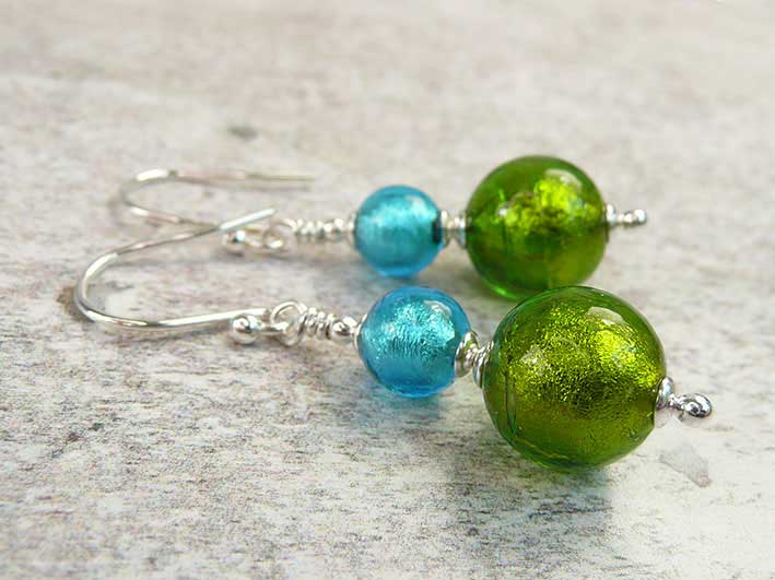 Murano Glass Duetto Earrings - Charteuse and Turquoise