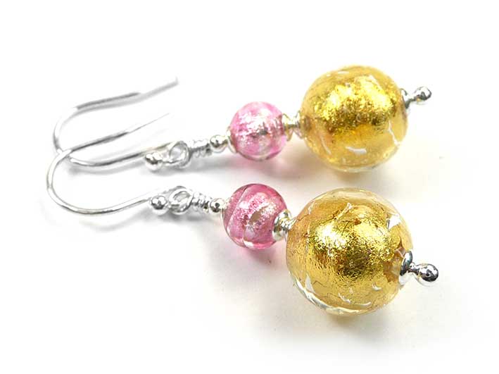 Murano Glass Duetto Earrings - Gold and Raspberry