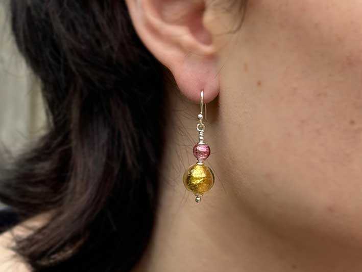 Murano Glass Duetto Earrings - Gold and Raspberry