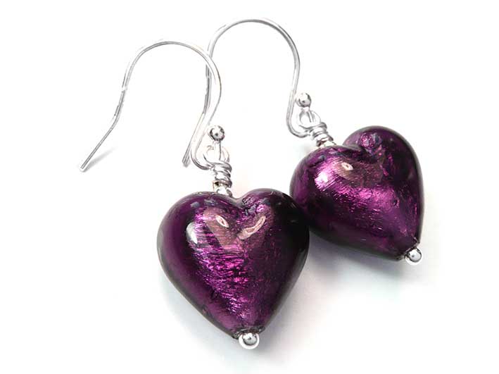 Murano Glass Heart Earrings - Burgundy