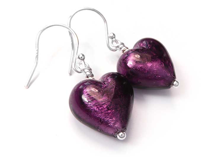 Murano Glass Heart Earrings - Burgundy