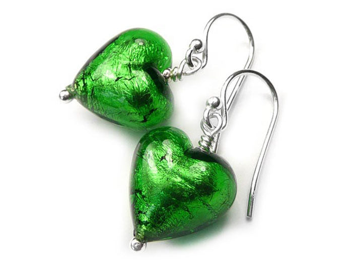 Murano glass heart earrings - emerald