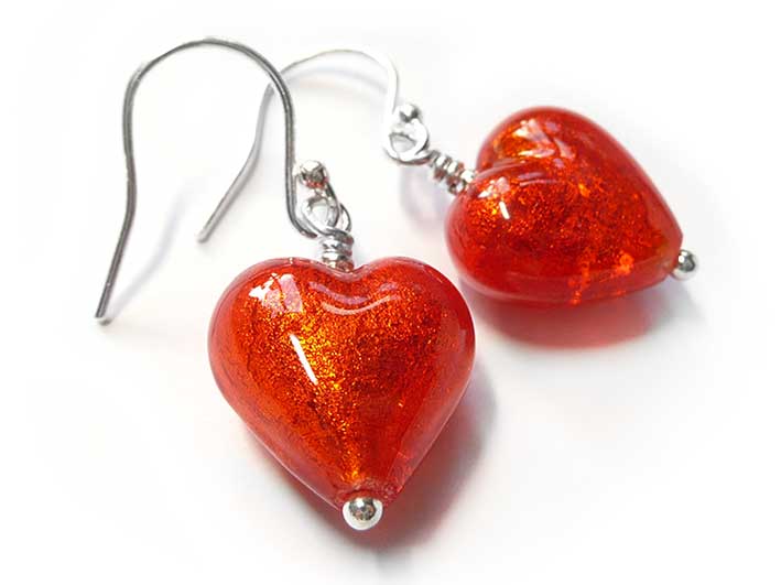 Murano Glass Heart Earrings - Light Scarlet