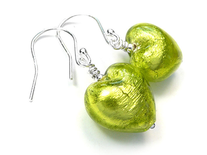 Murano Glass Heart Earrings - Lime