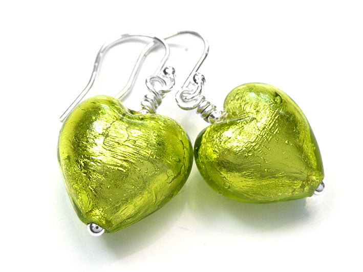 Murano Glass Heart Earrings - Lime