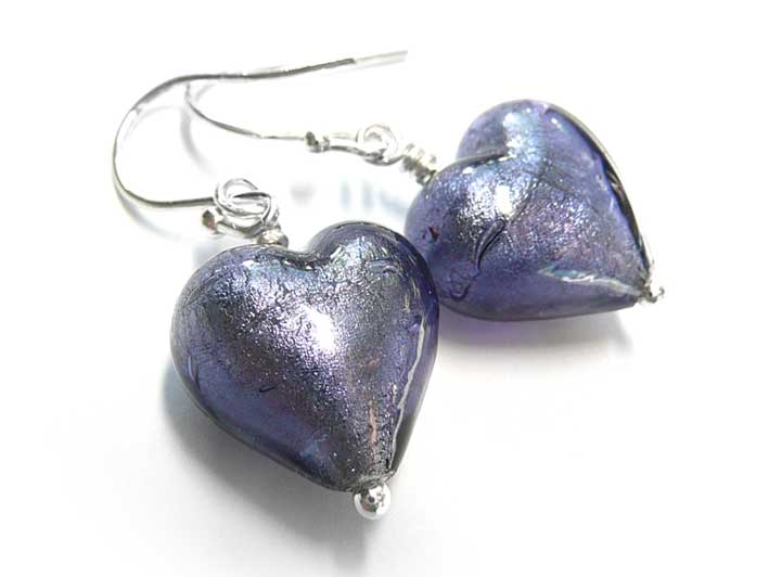 Murano Glass Heart Earrings - Purple Velvet