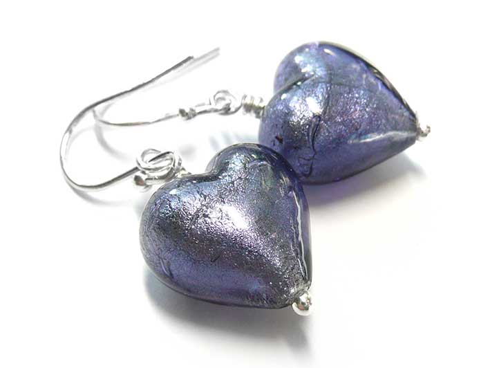 Murano Glass Heart Earrings - Purple Velvet