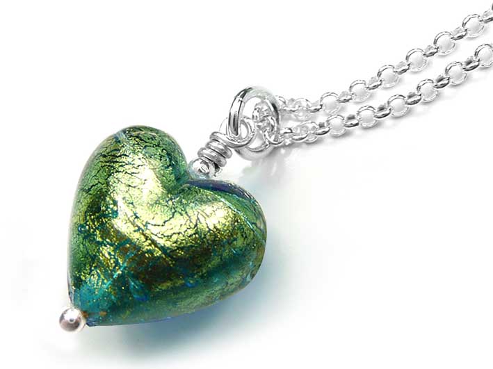 Murano Glass Heart Pendant - Aqua Verde Small