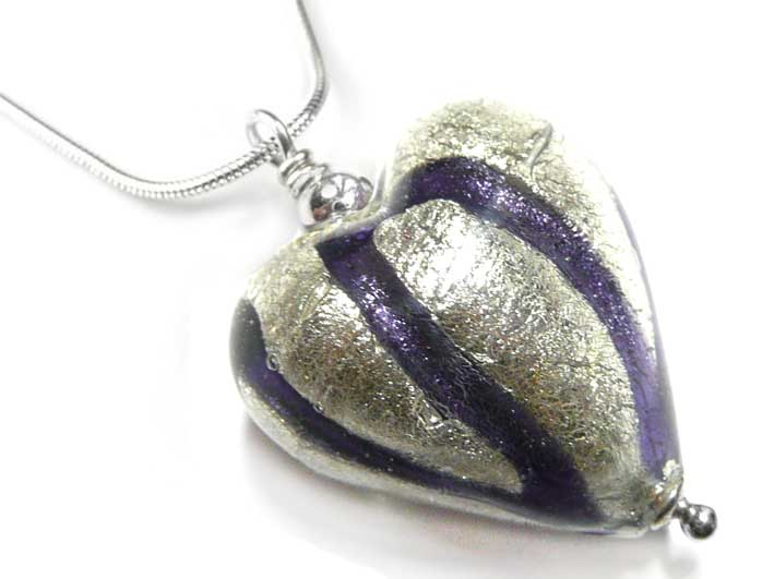 Murano Glass Heart Pendant - Black Diamond and Purple Velvet Swirls