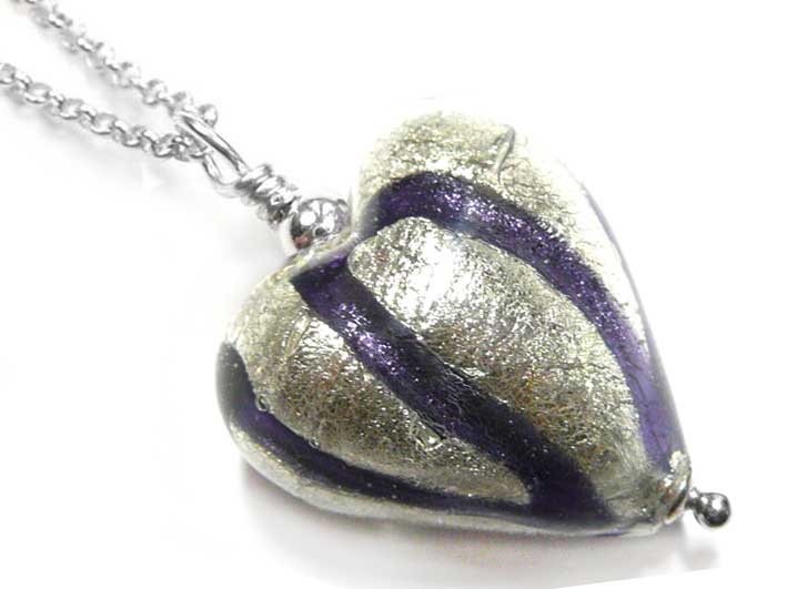 Murano Glass Heart Pendant - Black Diamond and Purple Velvet Swirls