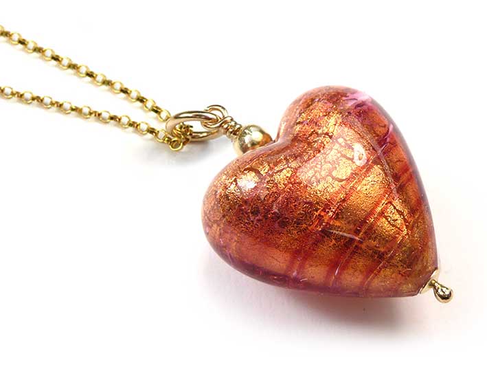 Murano Glass Heart Pendant - Copper Gold