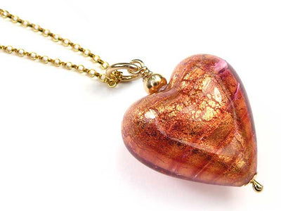 Murano Glass Heart Pendant - Copper Gold