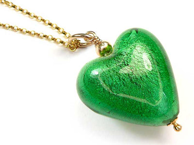 Murano Glass Heart Pendant - Emerald Gold