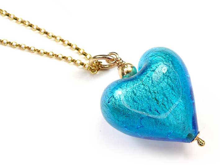 Murano Glass Heart Pendant - Turquoise Gold