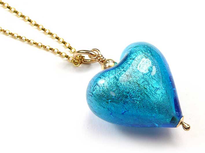 Murano Glass Heart Pendant - Turquoise Gold