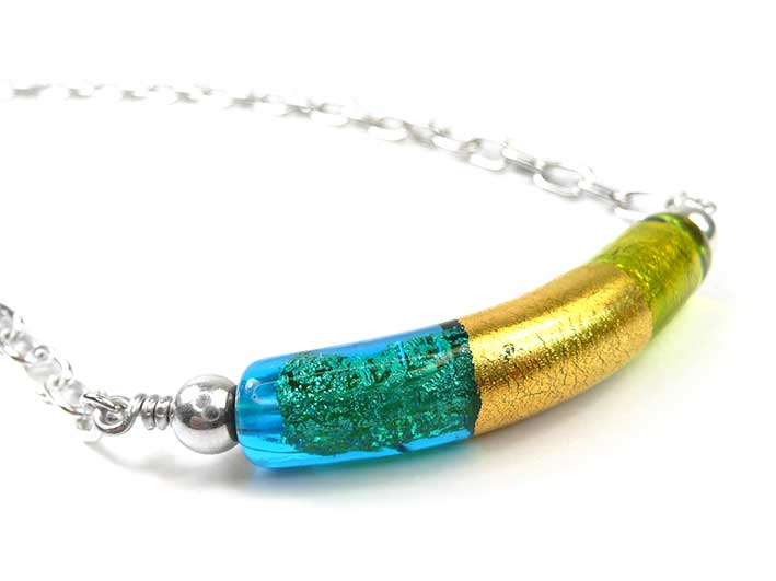 Murano Glass Cube Necklace - Curva - Kingfisher and Lime