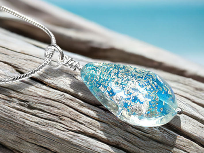 Murano Glass Pendant - Aqua and White Gold Drop