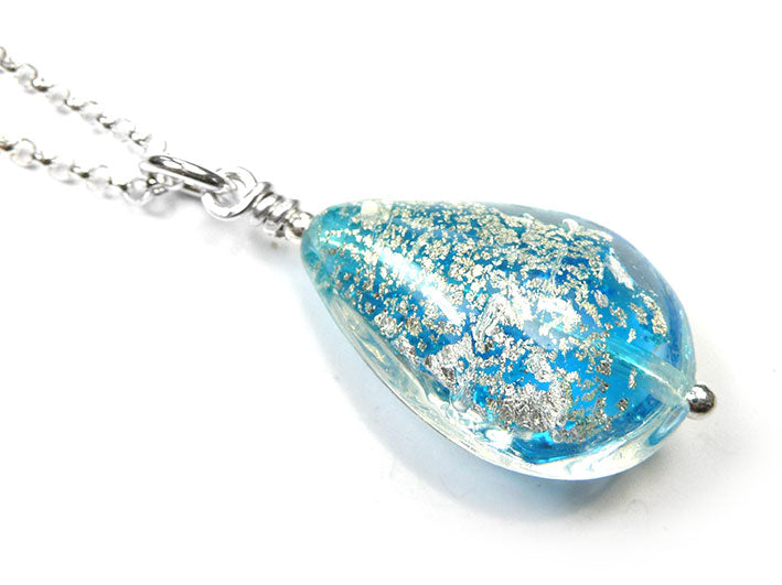 Murano Glass Pendant - Aqua and White Gold Drop