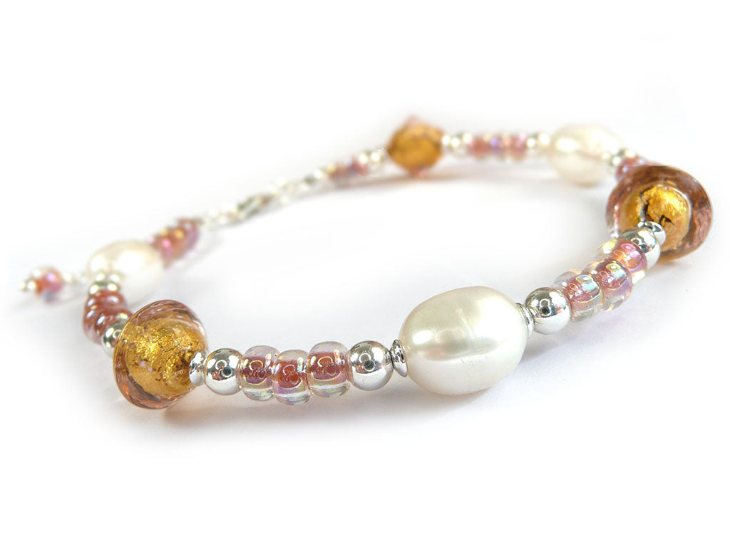 Murano glass peach and pink bracelet with pearls