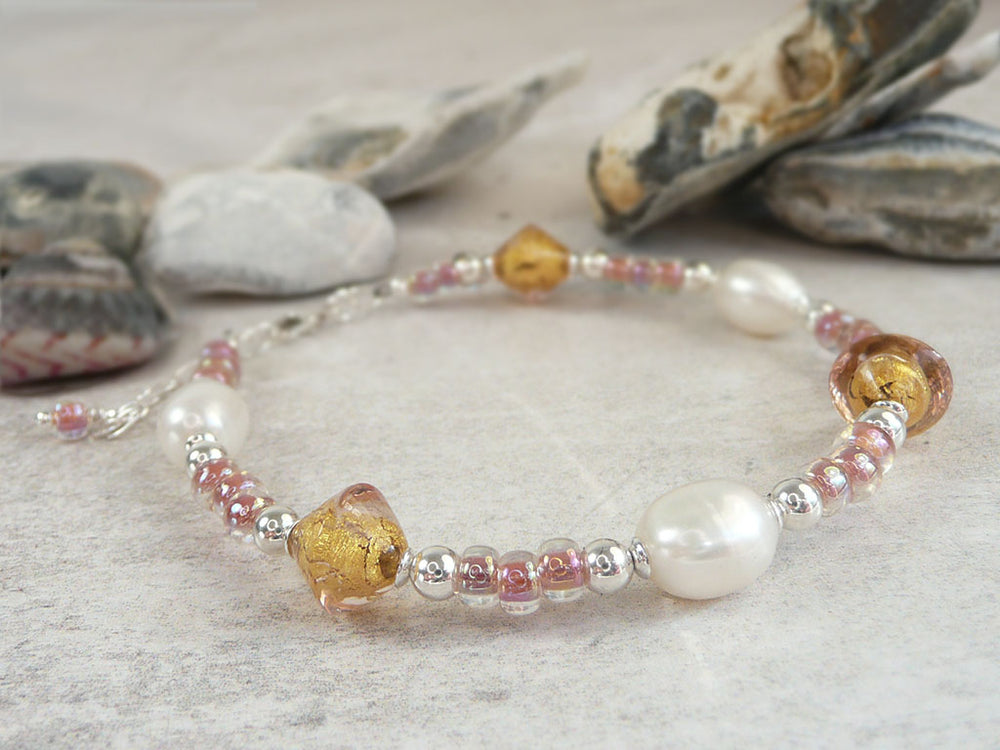 Murano glass peach and pink bracelet with pearls