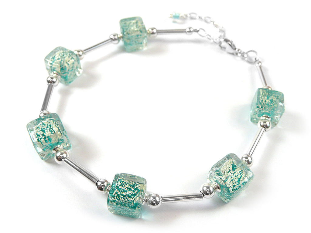 Bracelet with turquoise square Murano glass beads and silver accents 