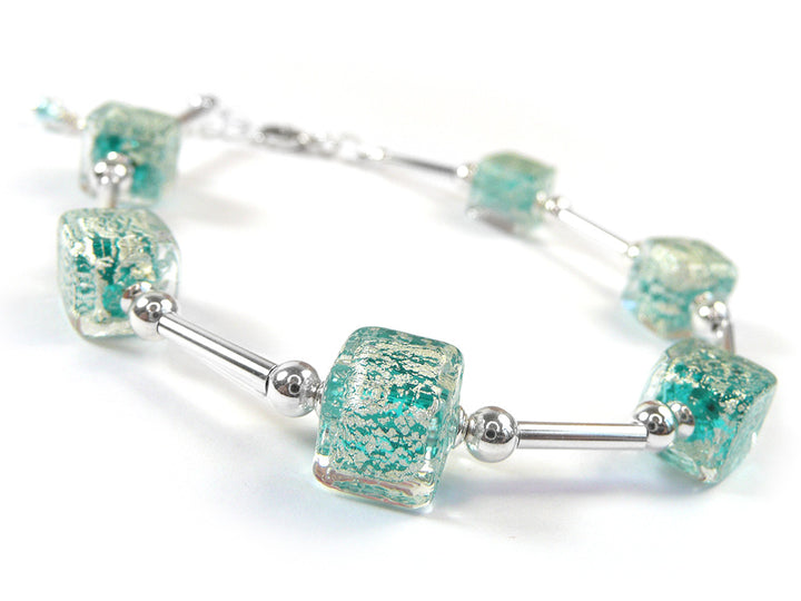 Bracelet with turquoise square Murano glass beads and silver accents
